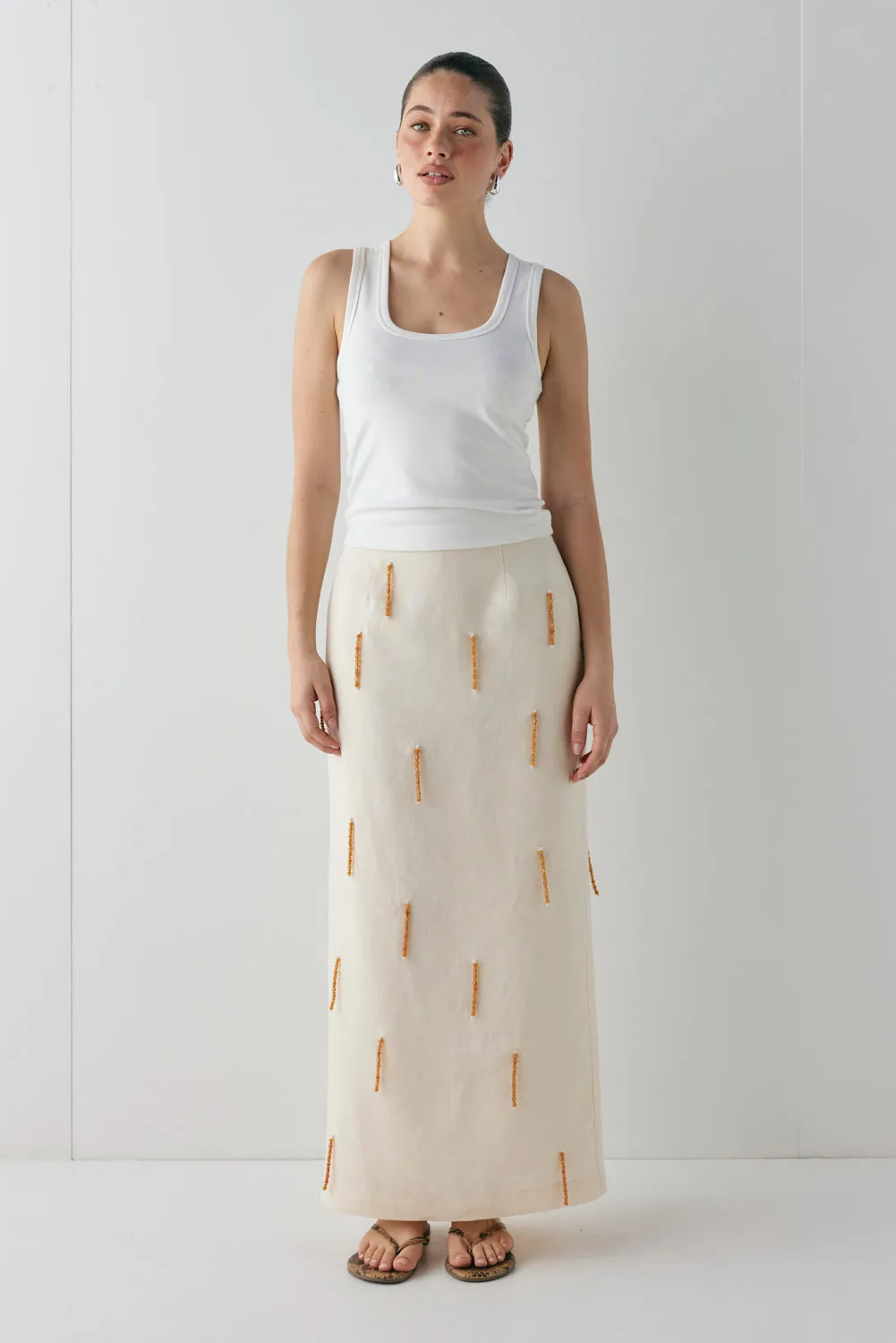 Devyn Linen Midi Skirt Cream sold by Verge Girl
