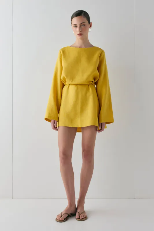 Sabine Linen Mini Dress Mustard sold by Verge Girl