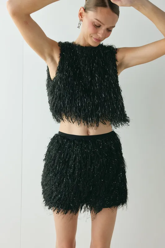 Lucia Fringe Mini Skirt Black sold by Verge Girl
