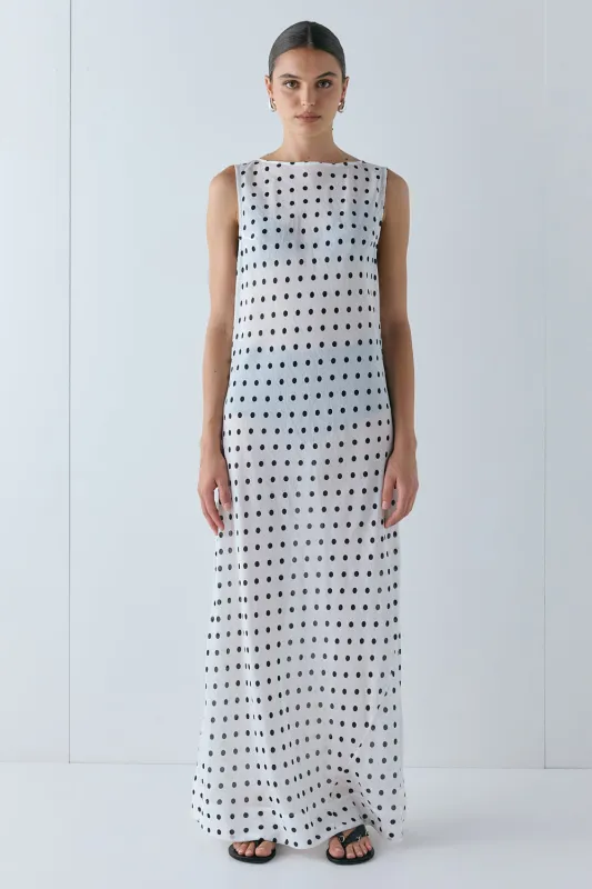 Ria Sheer Maxi Dress White Polka Dot made by Verge Girl