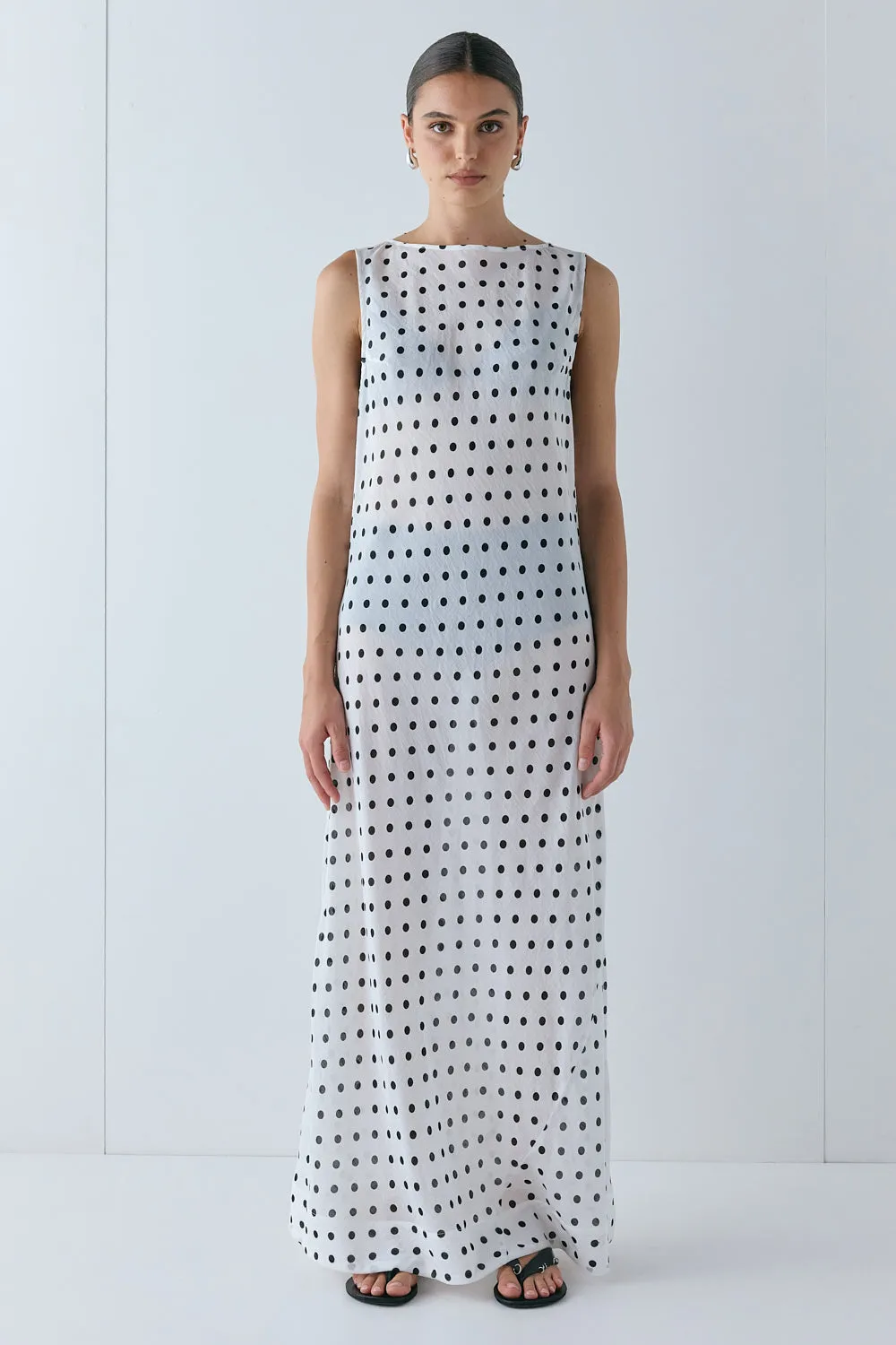 Ria Sheer Maxi Dress White Polka Dot sold by Verge Girl