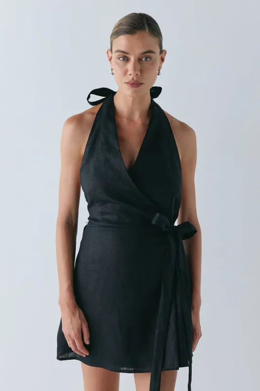 Lo Linen Mini Dress Black made by Verge Girl