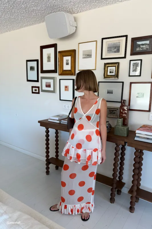 Delilah Sheer Maxi Skirt Orange Polka Dot made by Verge Girl
