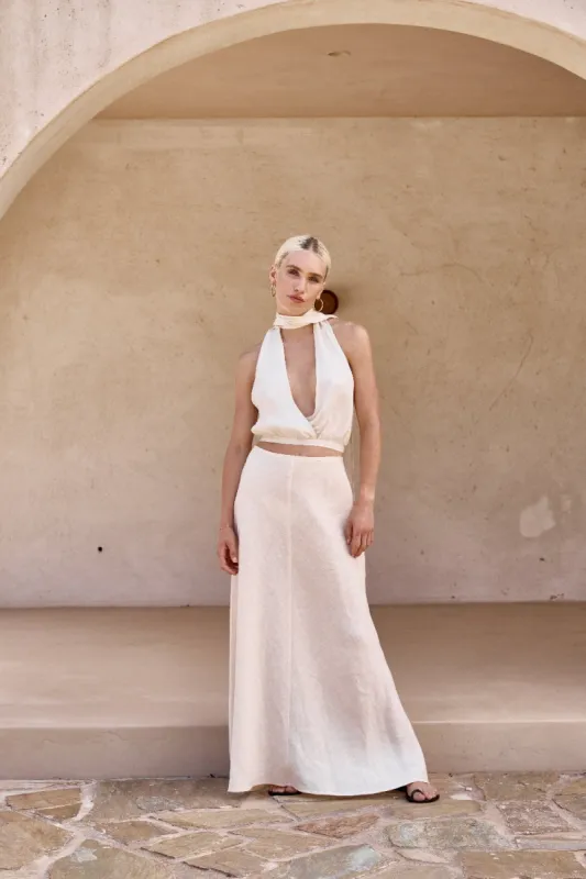 Carmine Linen Bias Cut Midi Skirt Cream made by Verge Girl