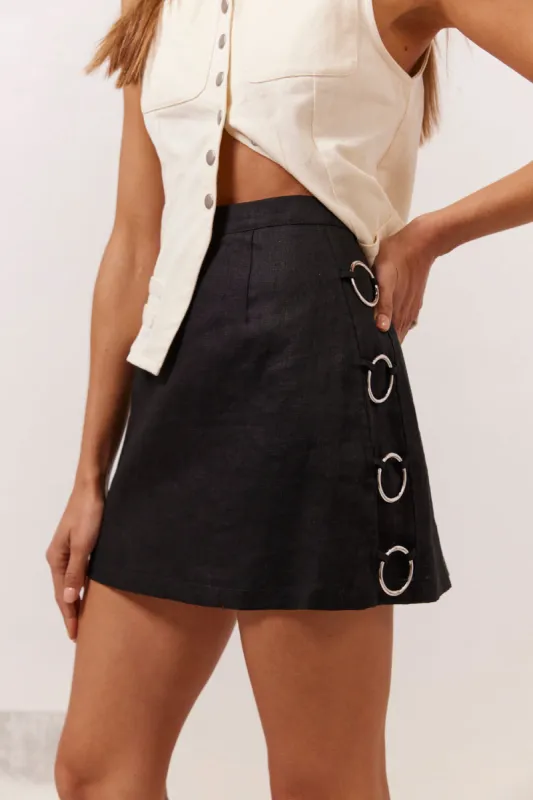 Discoteca Linen Mini Skirt Black sold by Verge Girl