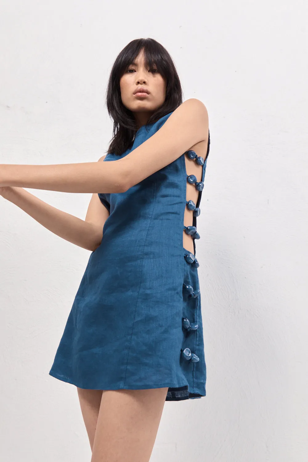 Tia Linen Mini Dress Navy sold by Verge Girl