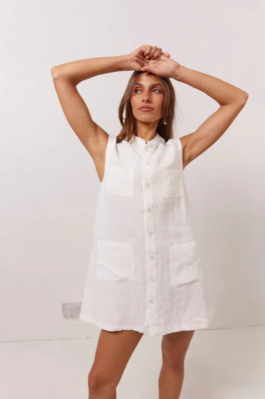Jean Linen Mini Dress White sold by Verge Girl