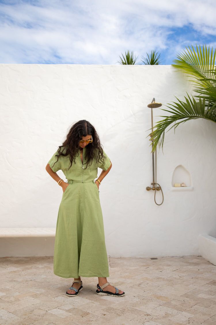 Baja Linen Midi Skirt Green sold by Verge Girl