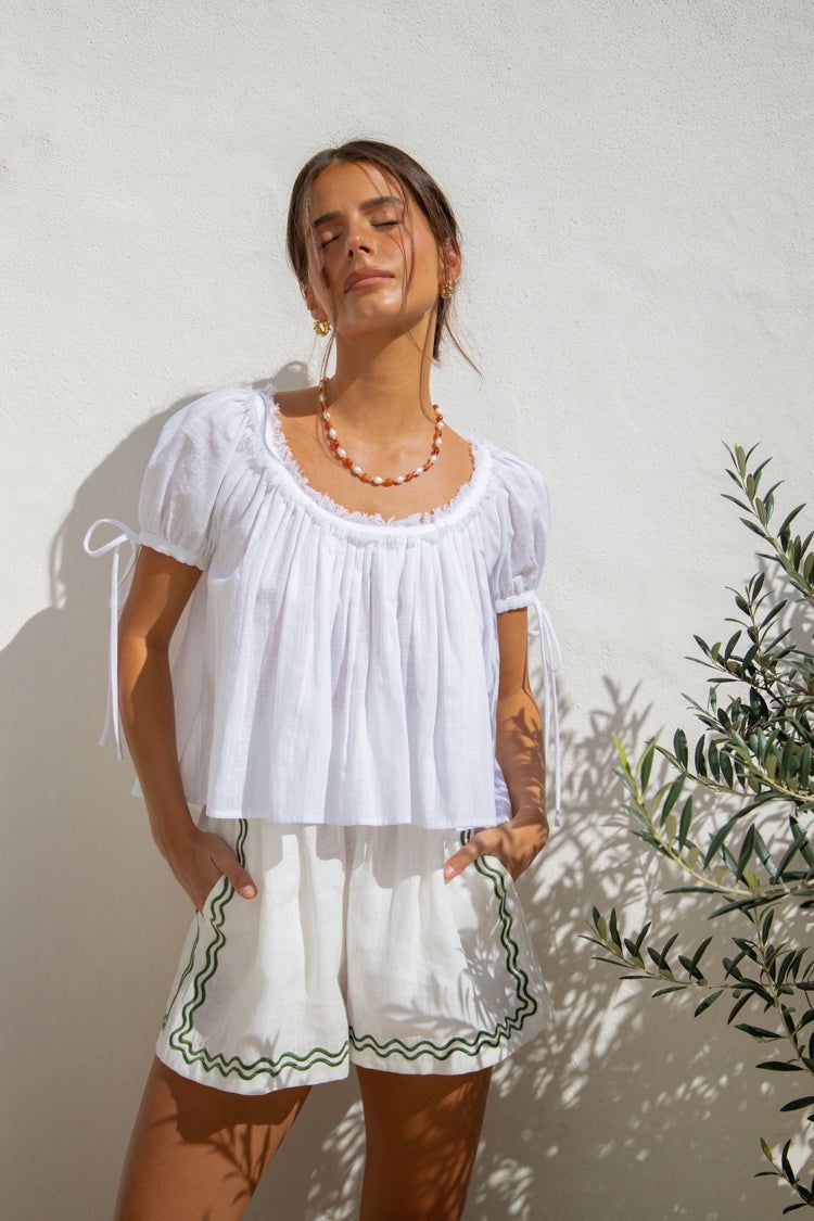 The Sea & I Linen Shorts Green Swirl sold by Verge Girl