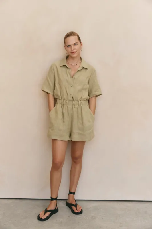 Carmita Linen Romper Sage sold by Verge Girl