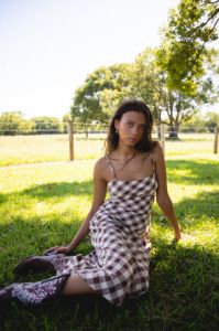 VRG GRL Nights In Ipanema Bias Cut Midi Dress // Brown Check sold by Verge Girl