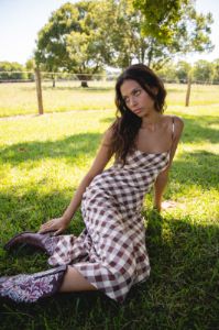 VRG GRL Nights In Ipanema Bias Cut Midi Dress // Brown Check sold by Verge Girl