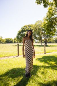 VRG GRL Nights In Ipanema Bias Cut Midi Dress // Brown Check sold by Verge Girl