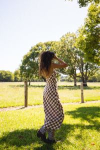 VRG GRL Nights In Ipanema Bias Cut Midi Dress // Brown Check sold by Verge Girl
