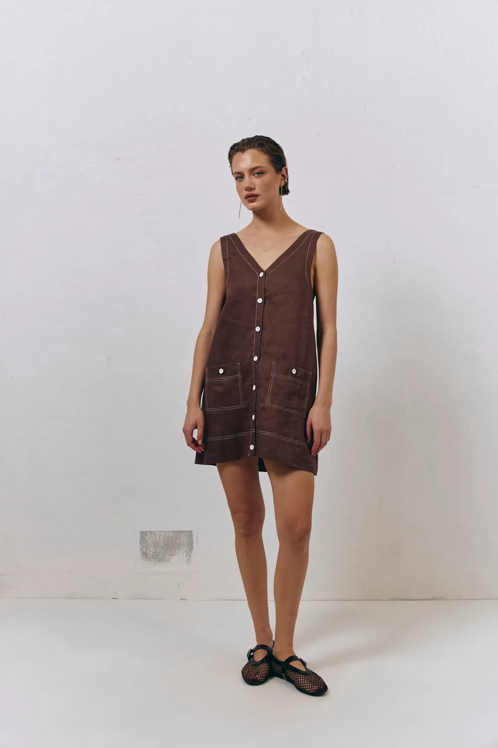 Alice Linen Mini Dress Brown sold by Verge Girl