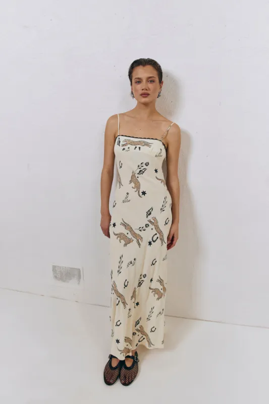 Cosmic Bias Cut Maxi Dress Cream sold by Verge Girl