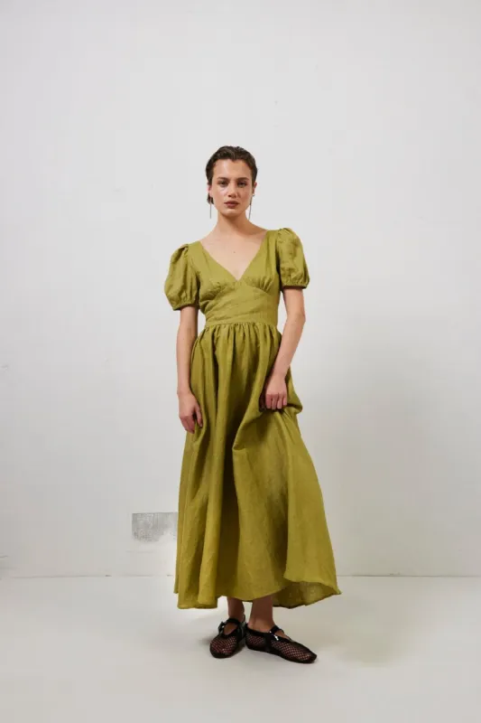 Paradiso Linen Midi Dress Olive sold by Verge Girl