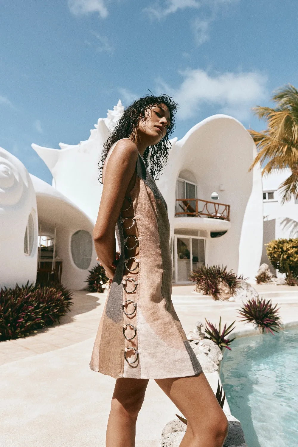 Discoteca Linen Mini Dress Almondine sold by Verge Girl