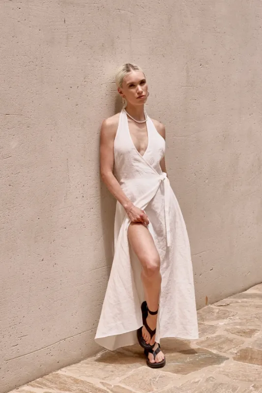 Sonny Linen Midi Wrap Dress White sold by Verge Girl