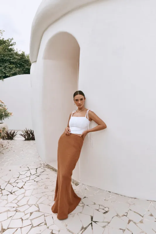 Italian Streets Linen Bias Cut Maxi Skirt Tan sold by Verge Girl