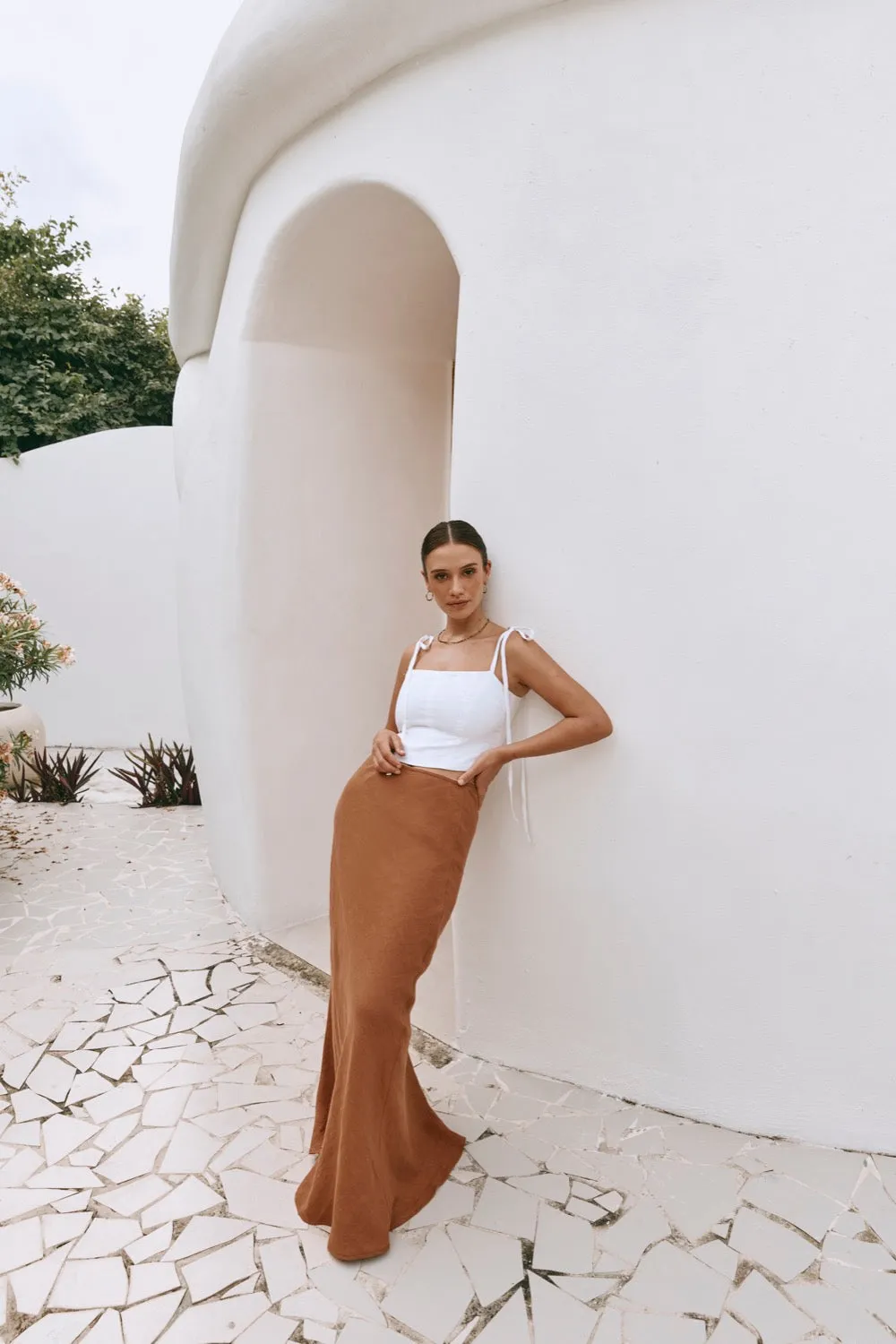 Italian Streets Linen Bias Cut Maxi Skirt Tan sold by Verge Girl