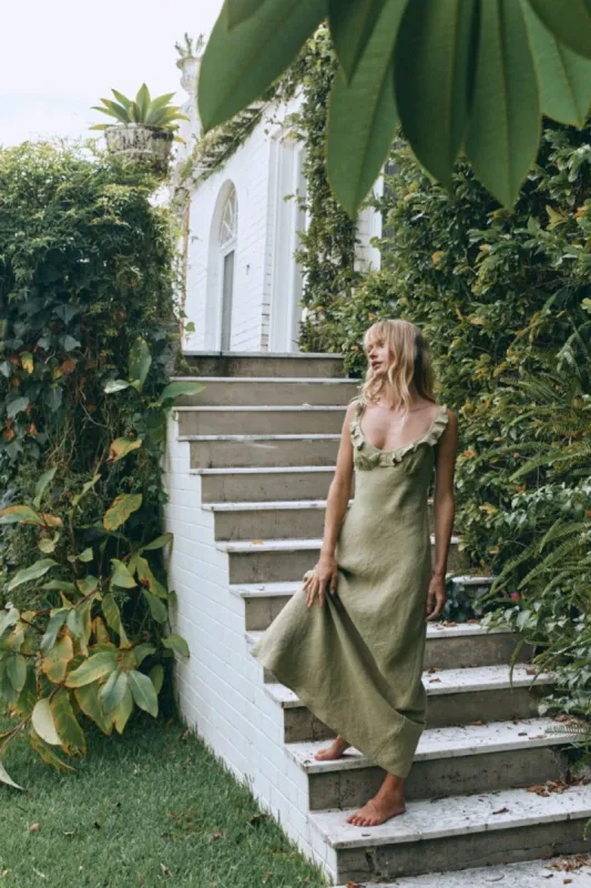 Rosalia Linen Bias Cut Maxi Dress Olive sold by Verge Girl