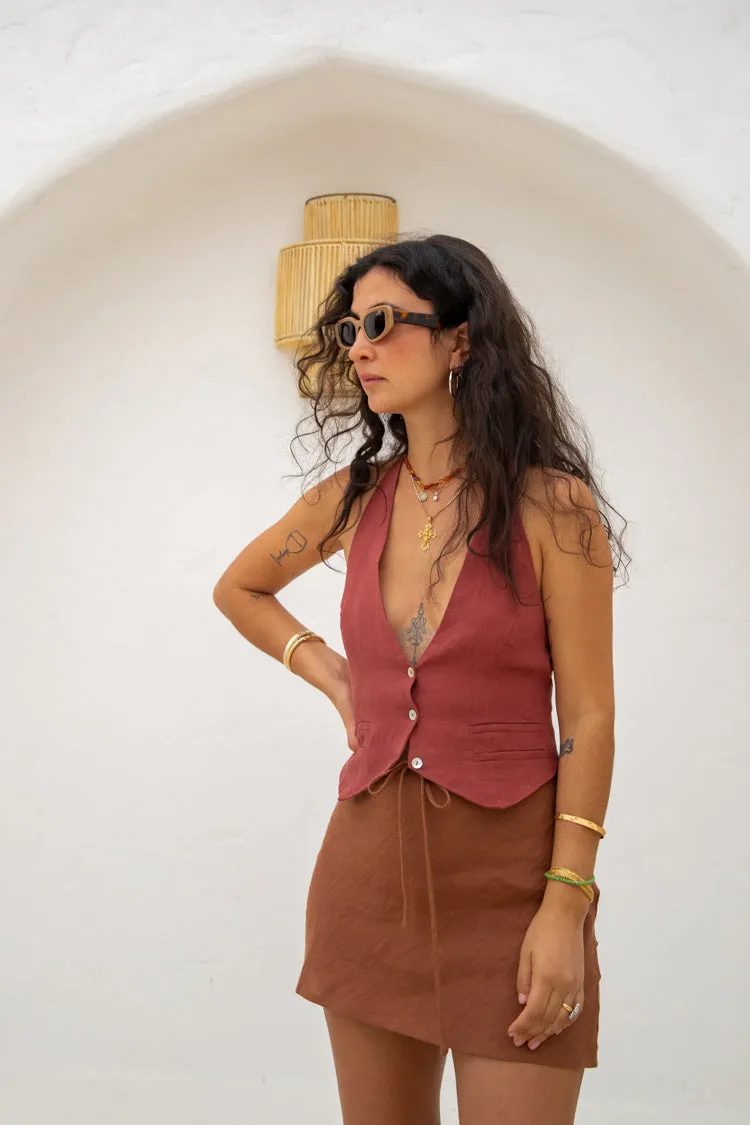 The Way To San Jose Bias Cut Linen Mini Skirt Brown sold by Verge Girl