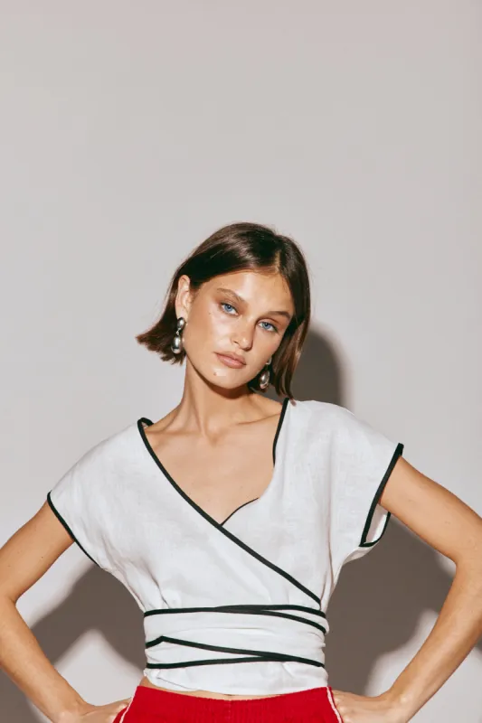 Sea Glass Linen Wrap Top White sold by Verge Girl