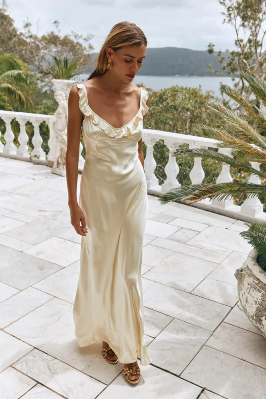 Rosalia Satin Bias Cut Maxi Dress Butter sold by Verge Girl