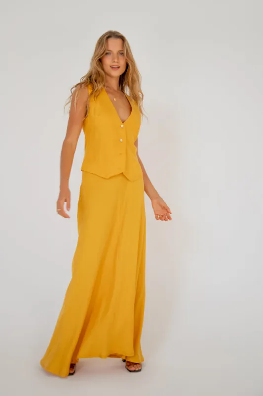 Carmine Bias Cut Maxi Skirt Mustard sold by Verge Girl