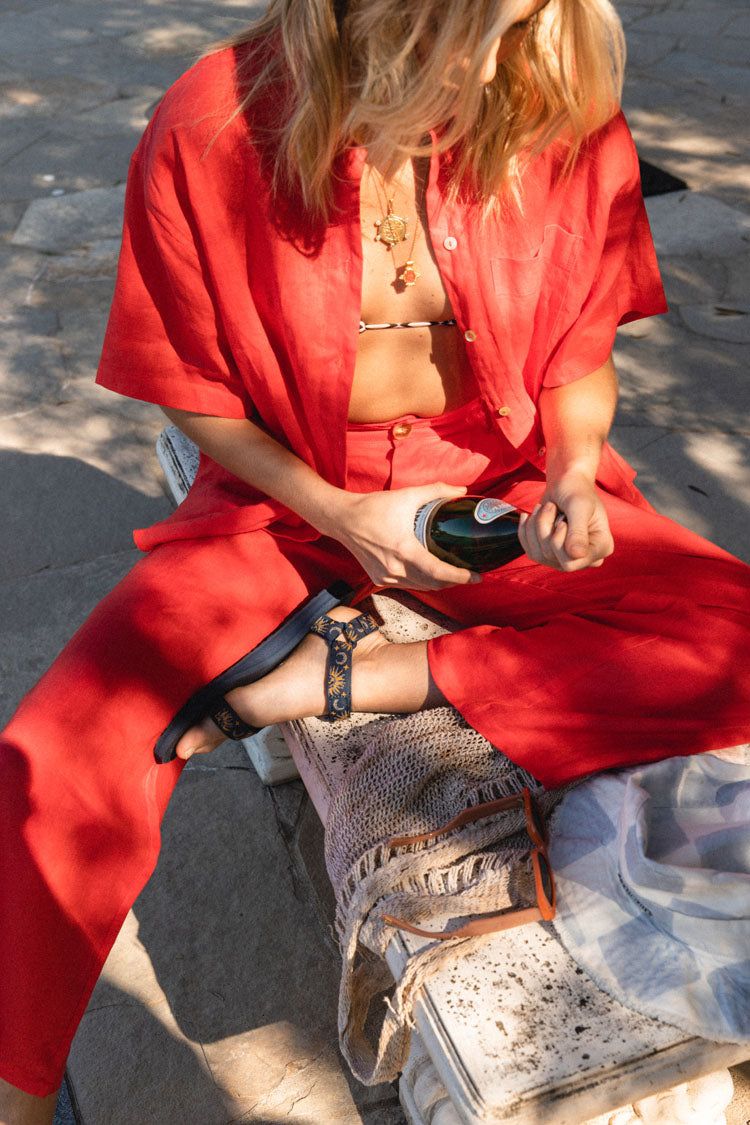 VRG GRL Capri Linen Button Front Shirt // Red sold by Verge Girl