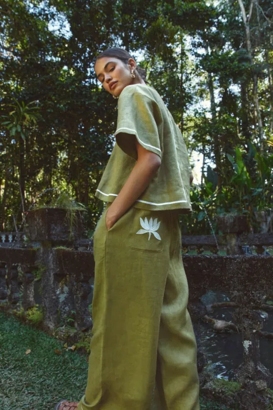 Byzance Linen Smock Top Sage sold by Verge Girl