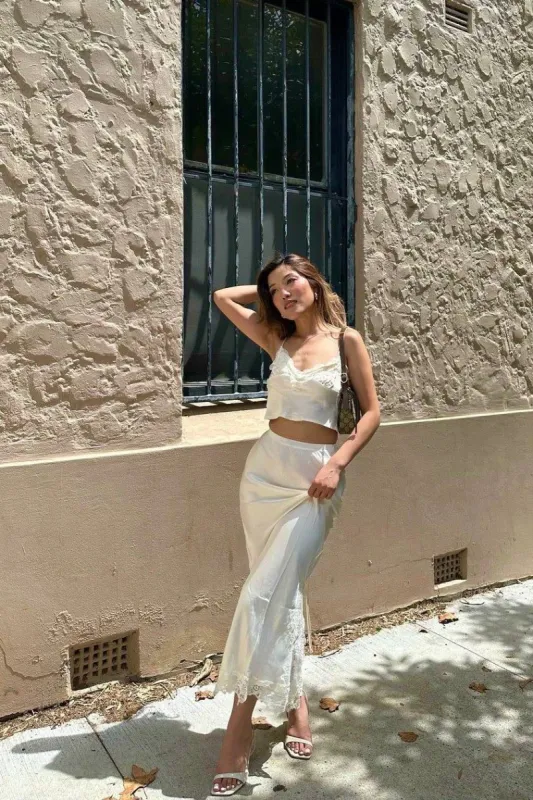 VRG GRL At The Afterparty Bias Cut Midi Skirt // Cream sold by Verge Girl