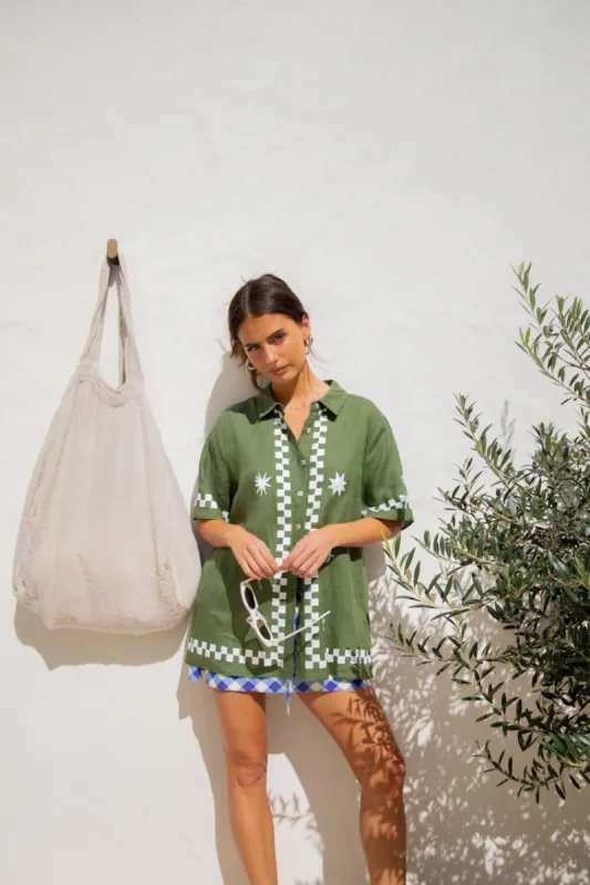 VRG GRL Mediterranean Blue Linen Button Front Shirt // Green sold by Verge Girl