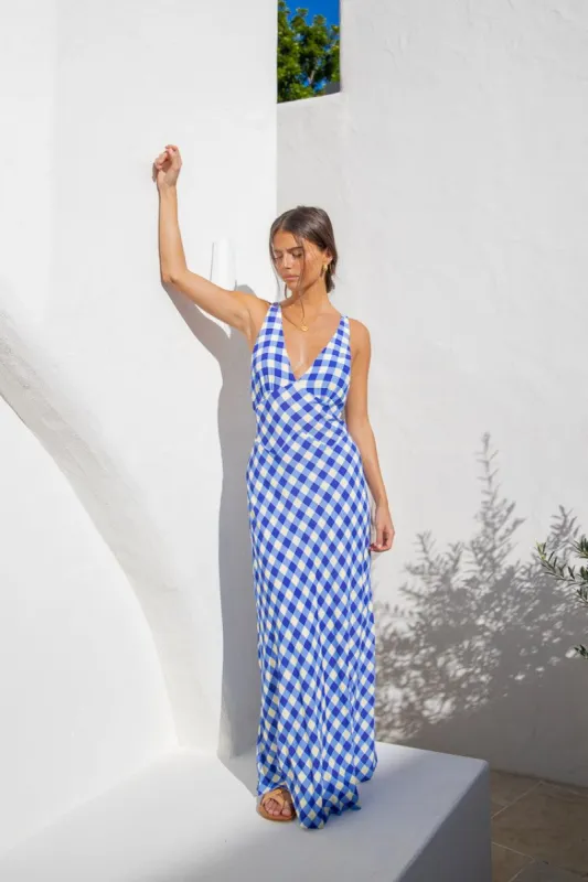 VRG GRL Isola Bias Cut Maxi Dress // Blue Check sold by Verge Girl