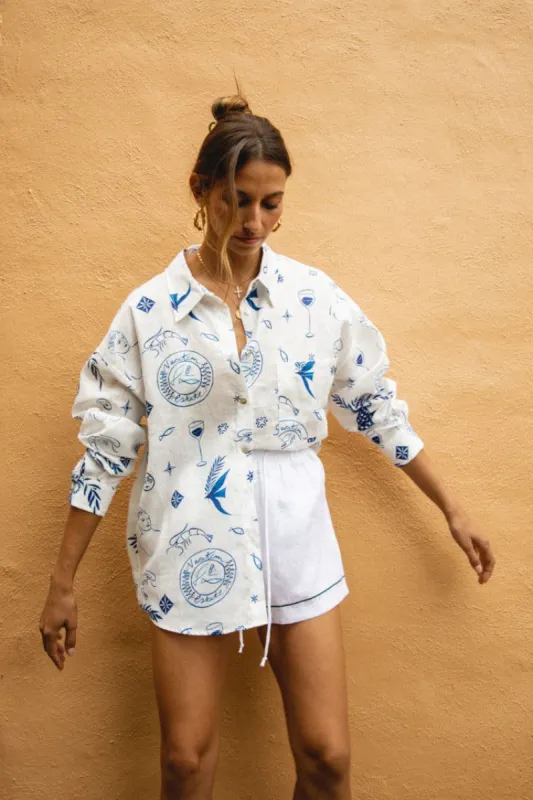 VRG GRL Il Sole Linen Button Front Shirt // Print sold by Verge Girl
