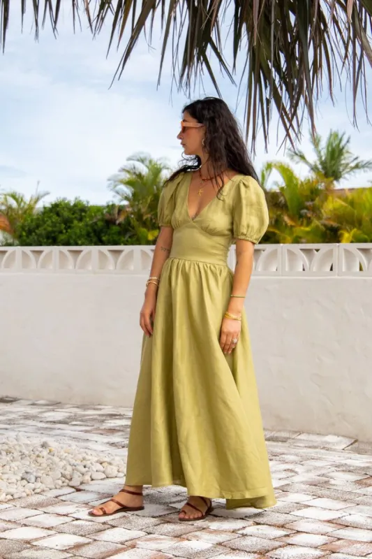 VRG GRL Paradiso Linen Midi Dress // Olive sold by Verge Girl