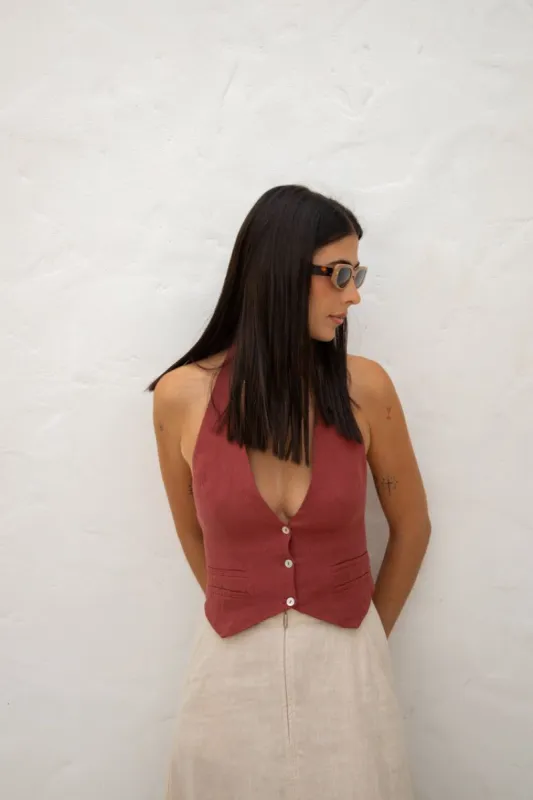 VRG GRL Los Cabos Linen Halter Vest // Wine sold by Verge Girl