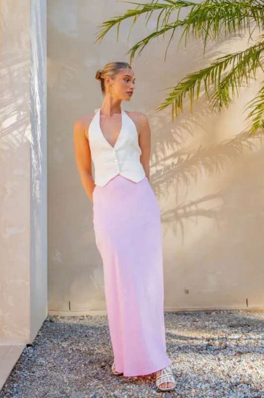 Lourdes Bias Cut Linen Maxi Skirt Pink sold by Verge Girl