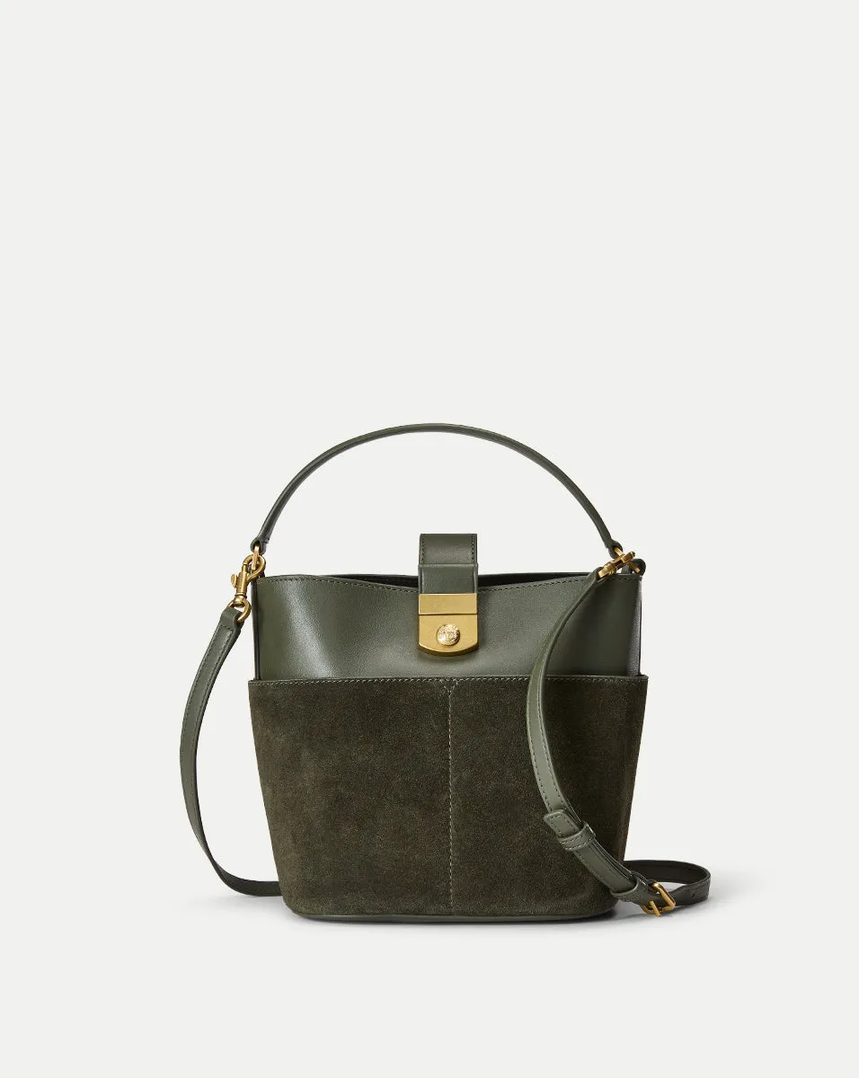 Small Crest Lock Suede Bucket Bag sold by Veronica Beard