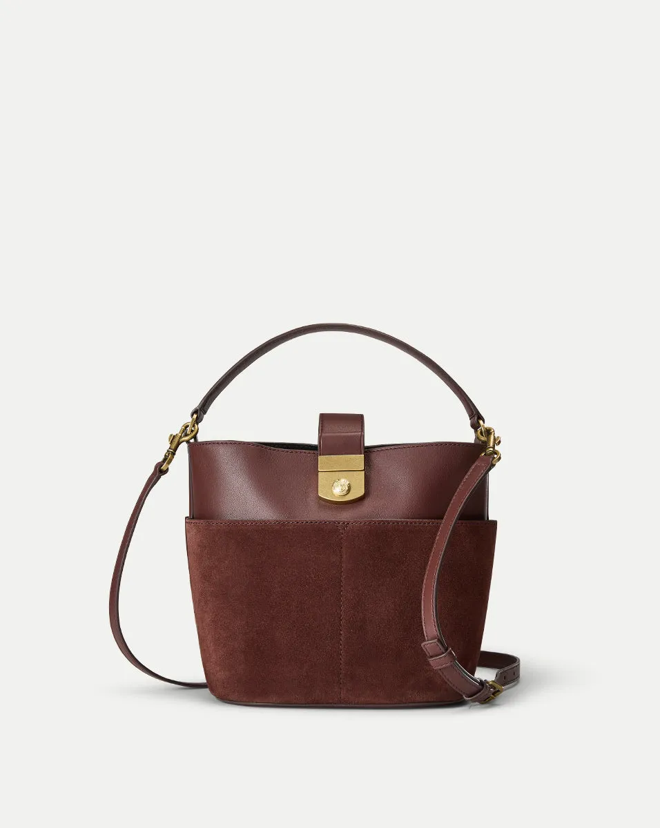 Small Crest Lock Suede Bucket Bag sold by Veronica Beard
