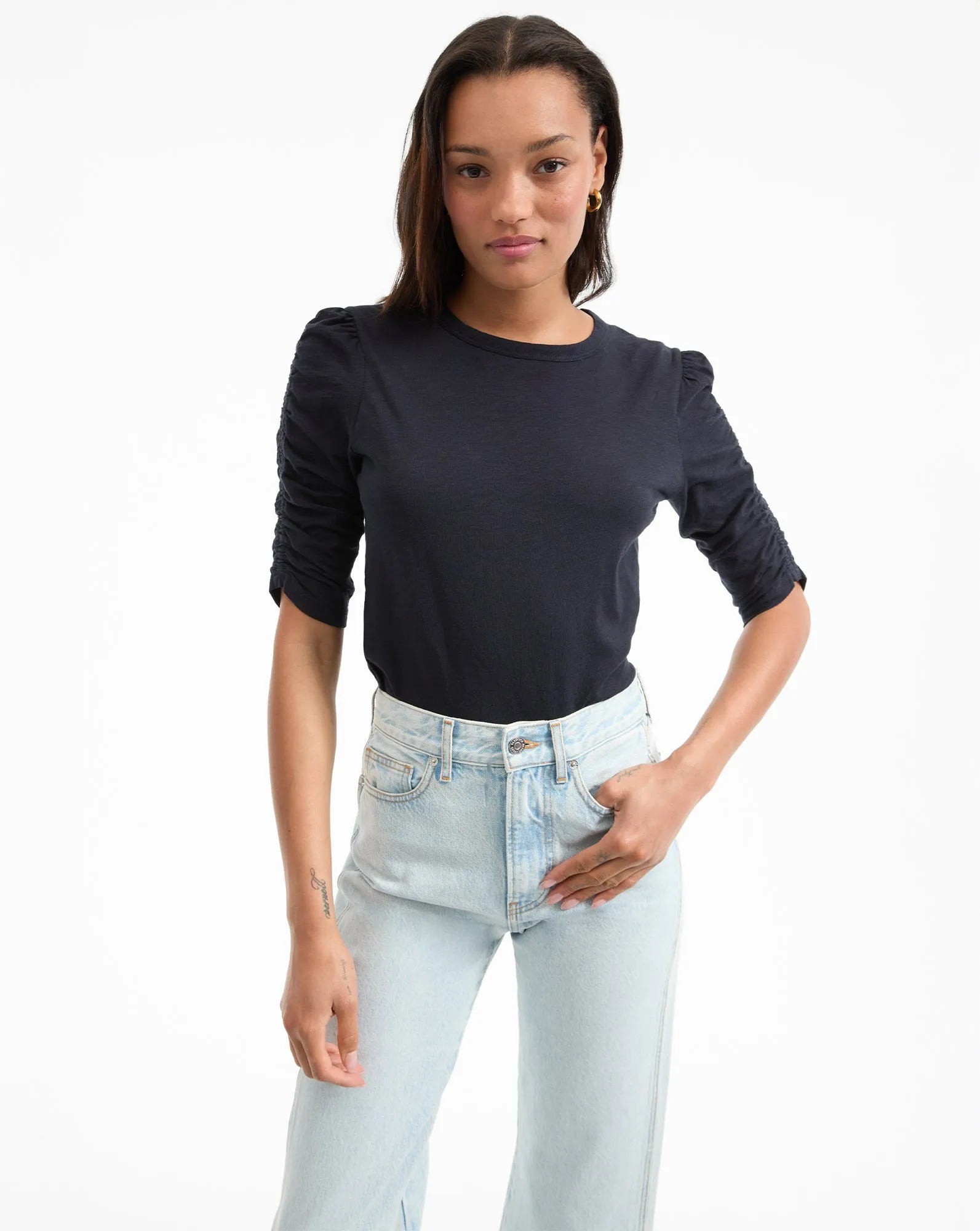 Waldorf Ruched-Sleeve Slub T-Shirt sold by Veronica Beard