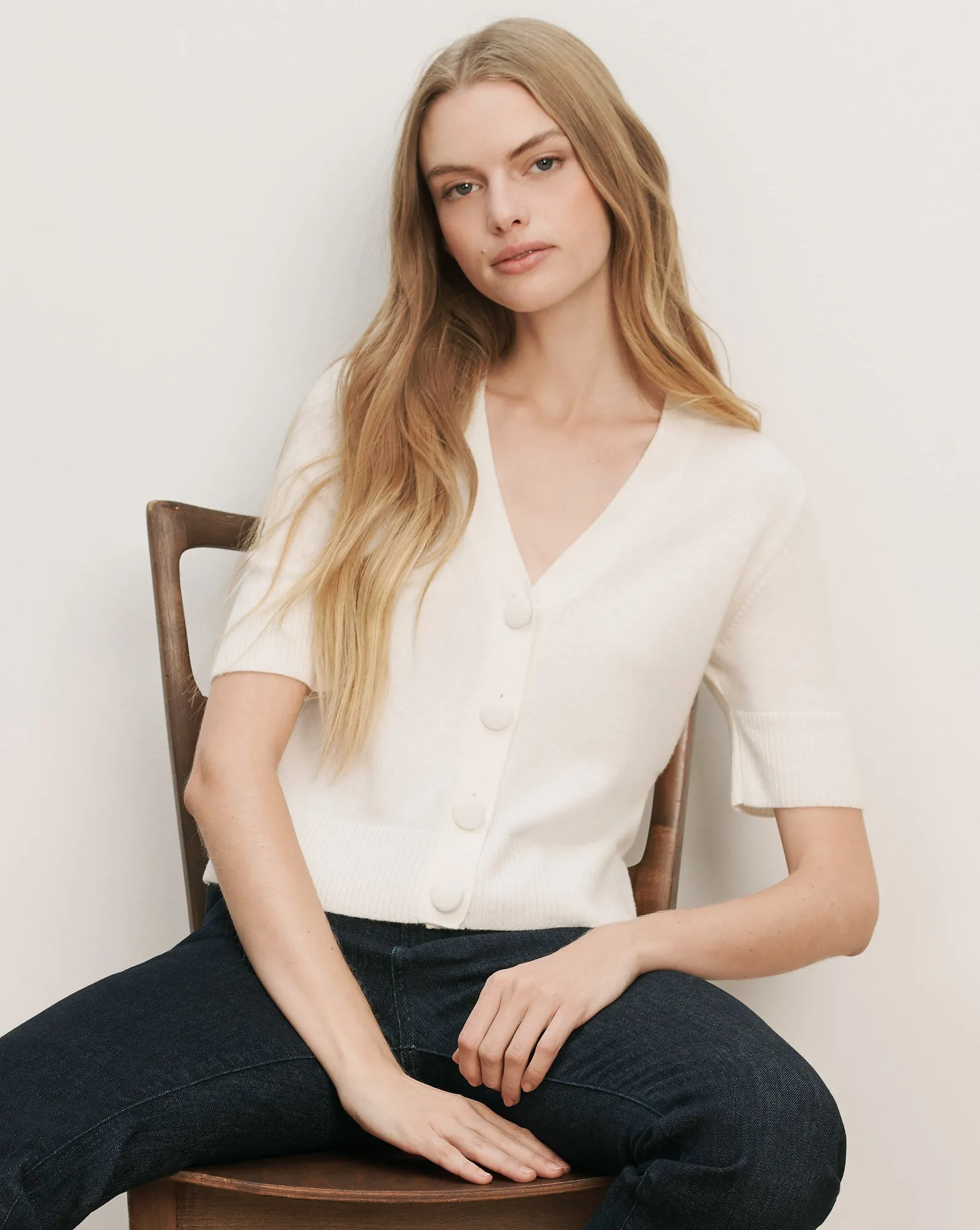 Solene Short-Sleeve Cashmere Cardigan sold by Veronica Beard