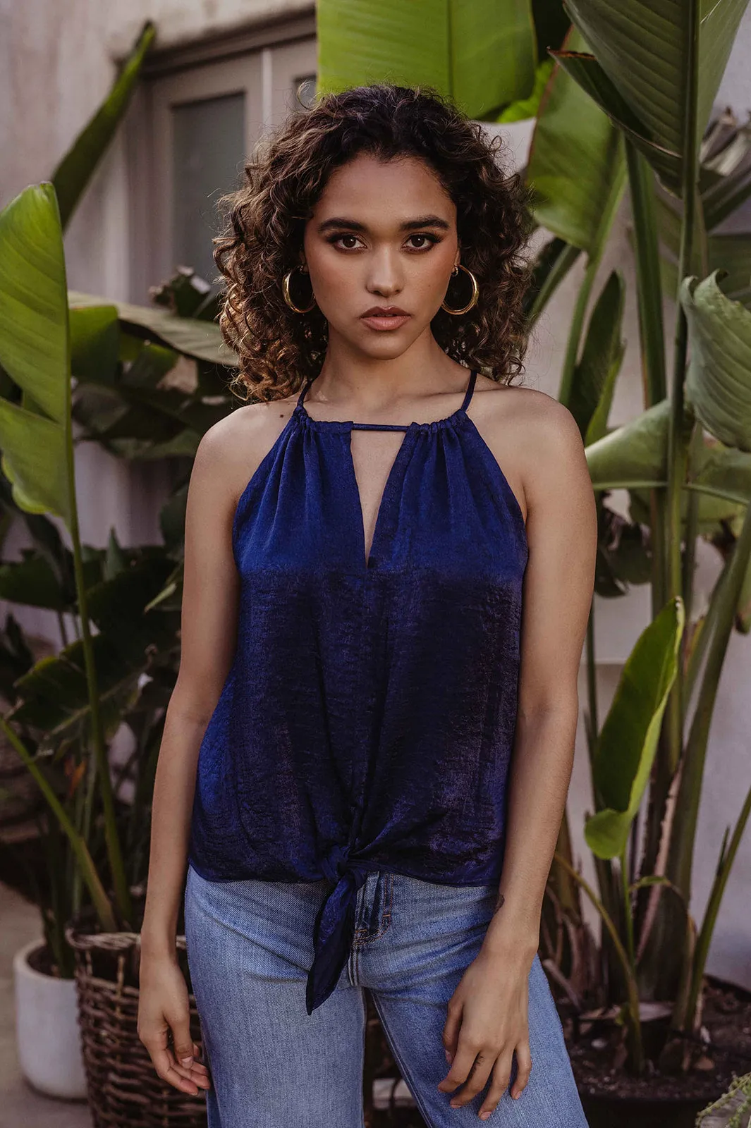 Navy Satin Front Tie Halter Blouse - FINAL SALE sold by Veronica M product image thumbnail 3