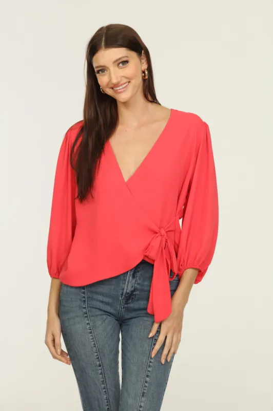 Coral Bubble Sleeve Wrap Blouse-FINAL SALE sold by Veronica M