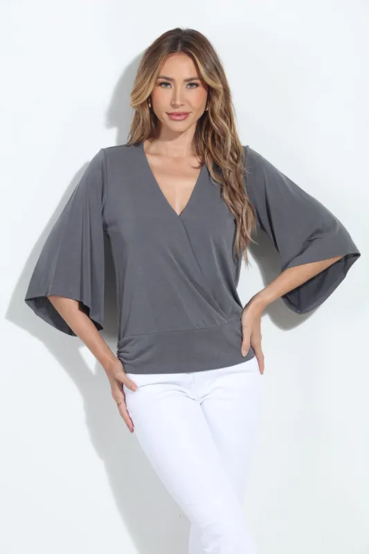 Charcoal Cupro Stretch Banded Kimono Top sold by Veronica M