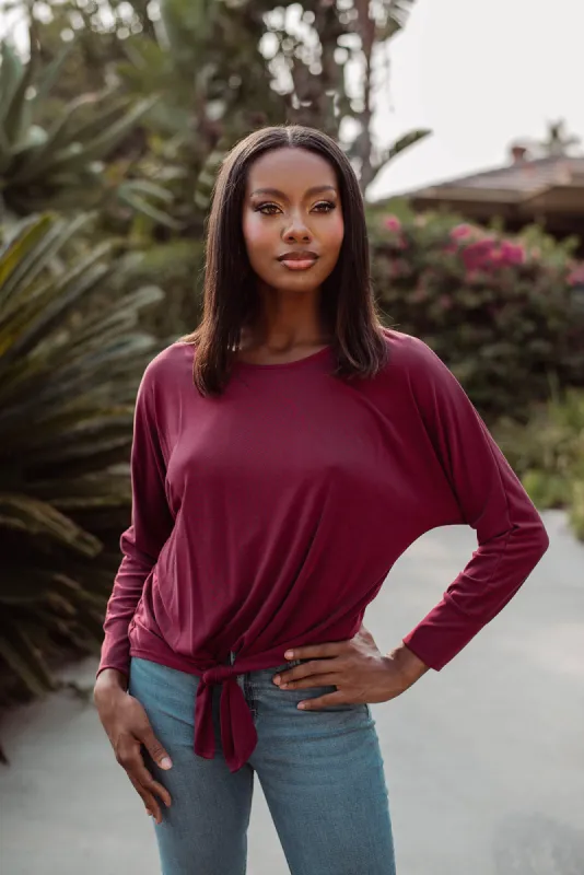 Burgundy Cupro Dolman Sleeve Top with Tie - FINAL SALE sold by Veronica M