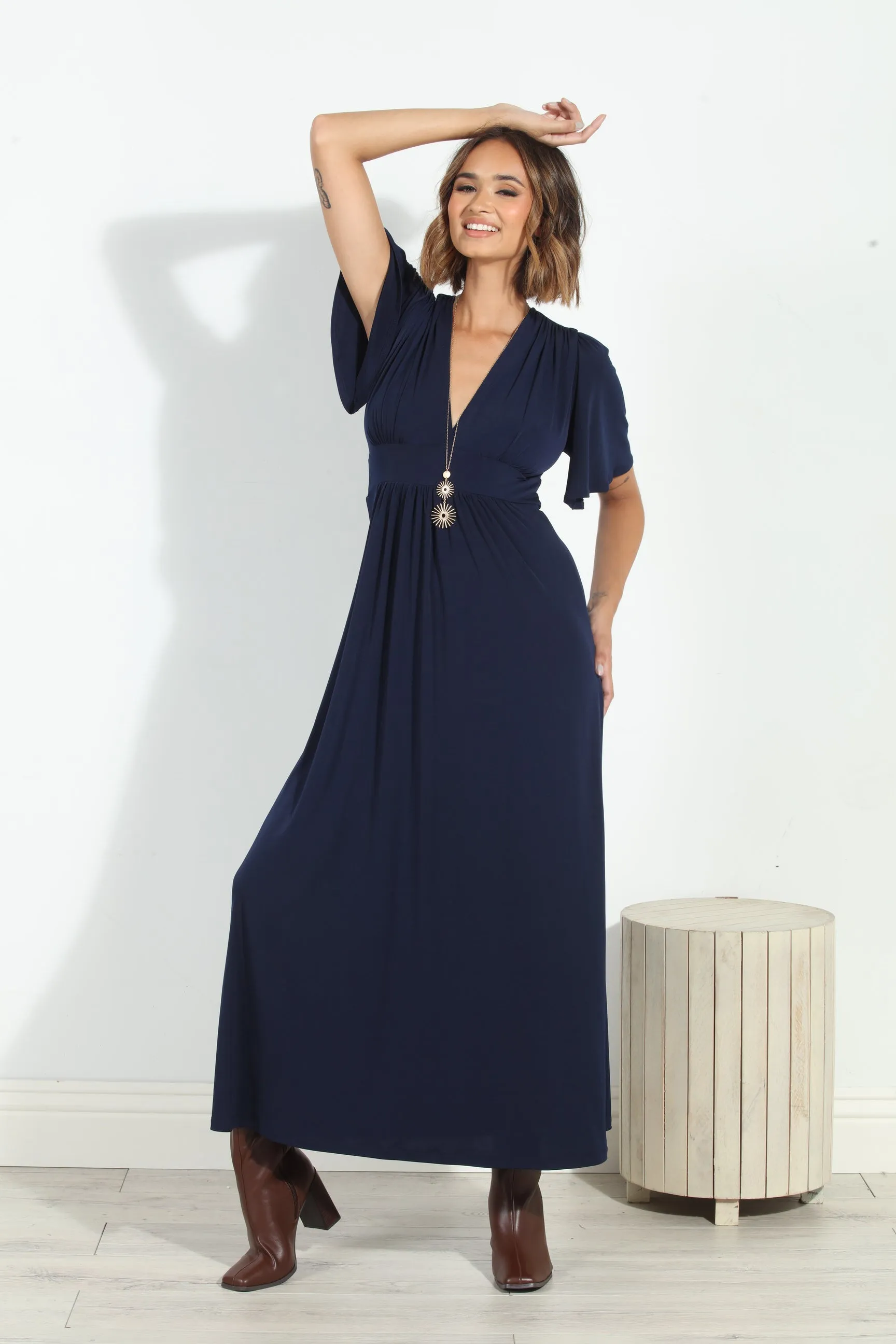 Navy Stretch Deep V Flutter Sleeve Maxi Dress-BEST SELLER sold by Veronica M product image thumbnail 3