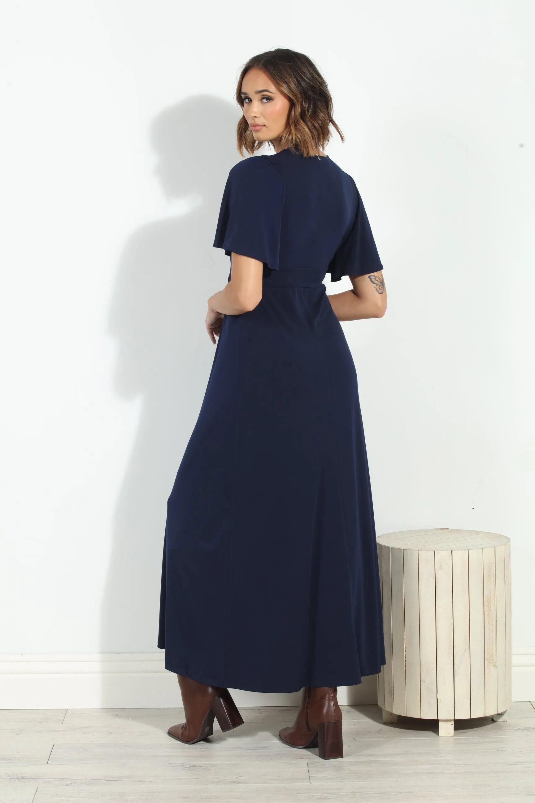 Navy Stretch Deep V Flutter Sleeve Maxi Dress-BEST SELLER sold by Veronica M product image thumbnail 2