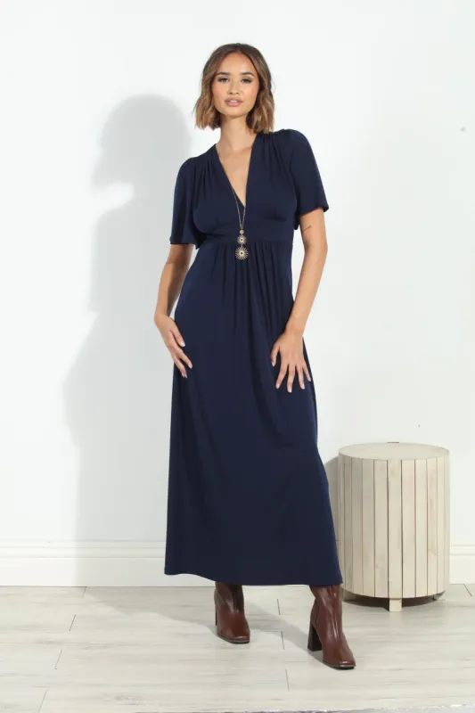 Navy Stretch Deep V Flutter Sleeve Maxi Dress-BEST SELLER sold by Veronica M
